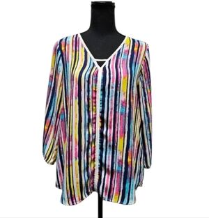 Signature Studio Stripped Pull Over Top Blue Pink 100% Polyester Sz S